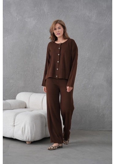 Kadın Bisiklet Yaka Düğme Kapama Kaşkorse Ceket Pantolon İkili Triko Takım Kahve