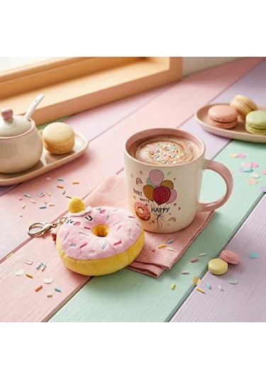 Donut Peluş Anahtarlıklı Kupa 360 Ml Pembe1