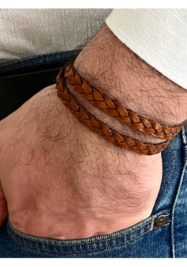 Taba Renk %100 Deri Yılan Sarmalı Dolamalı Erkek Bileklik 40cm Türk El Üretimi Taba