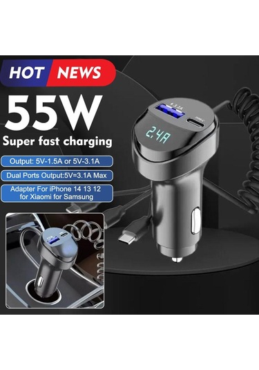 55w 2 Portlu Hızlı Telefon Şarj Cihazı 3.1a Üçlü Geri Çekmeli Voltaj Siyah-çin