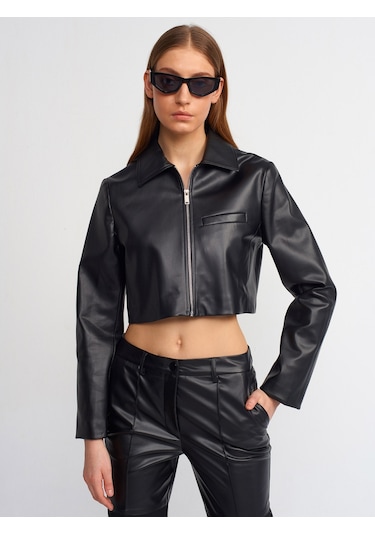 Dilvin Crop Suni Deri Ceket Siyah