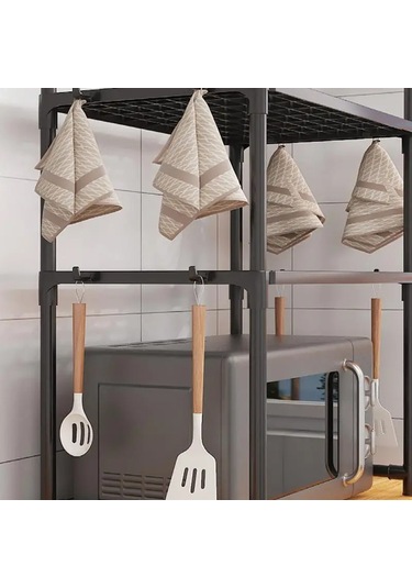 Mutfak Depolama Rafı Çok Katmanlı Mikrodalga Raf Ayarlanabilir Siyah