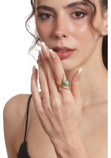 Labalaba Kadın Lak Altın Kaplama Turkuaz Doğaltaşlı Ayarlanabilir El Yapımı Yüzük Çok Renkli