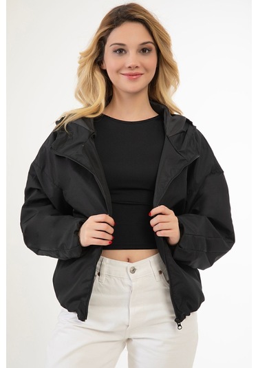 Riverstorm Kadın Siyah Su Ve Rüzgar Geçirmez Kapüşonlu Cepli Oversize Yağmurluk - Rüzgarlık Siyah