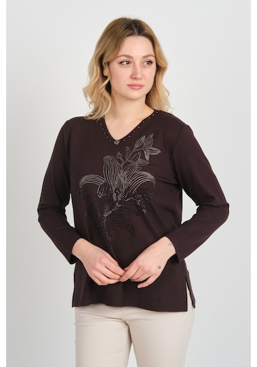 Detay Triko Kadın Önü Taş Süslemeli Yakası Boncuk Detaylı Uzun Kol Anne Bluz 5747 Kahverengi Kahverengi