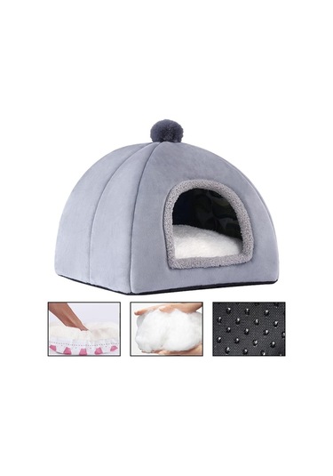 Mufunye Kedi Yatağı, Evcil Hayvanlar İçin Isıltılı Rahat Mağara Tasarımı, Makinede Yıkanabilir Gri