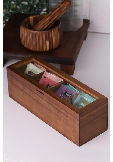 Atby Akasya Ahşap Kapaklı 5 Bölmeli Çay Kutusu 26,5x9x9 Cm Şeffaf Kapaklı Çay Ve Kahve Düzenleyici Kutu Ahşap