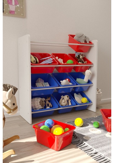 12 Sepetli Çok Amaçlı Oyuncak Dolabı Montessori Dolap Kırmızımavi Kırmızı - Mavi