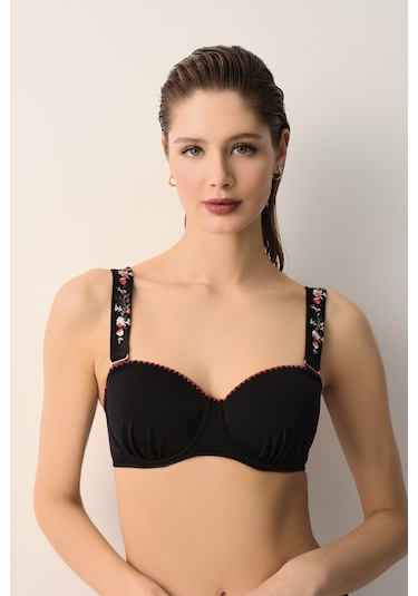 Suwen Karla Nakışlı Straplez Bikini Üst Sb26149012012 Siyah