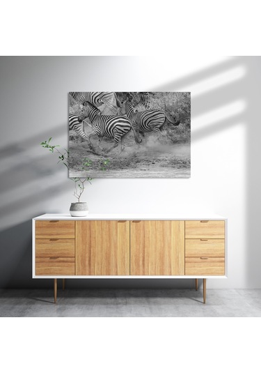 Cakasepetim Su Kenarında Kaçan Zebralar Siyah Beyaz Ahşap Mdf Tablo