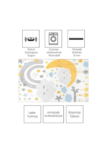 West Home Makinede Yıkanabilir Kaymaz Taban Leke Tutmaz Yıldz Temalı Bebek Ve Çocuk Halısı Wh 574 White Beyaz