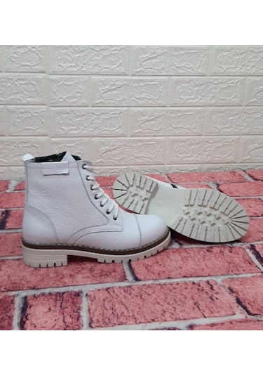 Voyager 8493 Beyaz Hakiki Deri Fermuarlı Bağcıklı Kaliteli Bayan