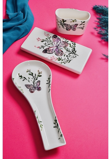 Piatti Naturali 3 Lü Mutfak Seti Kelebek Kaşık Altlığı Süngerlik Yağdanlık