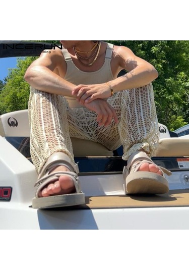 Incerun Artı Boyutu Erkek File Maxi Pantolon See Through Yaz Örgü Tatil Rahat Gevşek Katı Uzun Pantolon Bej