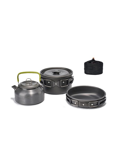 Yifomall Kamp Aluminyum Çamaşır Seti 4'lü Pot, Tava, Çaydanlık, Çanta Sıcaklığa Dayanıklı Dış Mekan Pişirme Gereci Siyah Ds308 Siyah