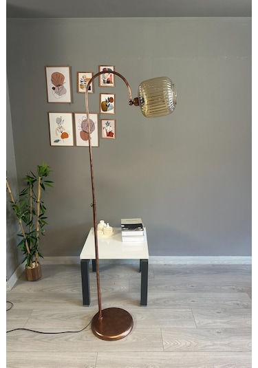 Mopa Bal Rengi Cam Lambader Patina Gövde Dekoratif Metal Oturma Odası Zemin Lambası Natural