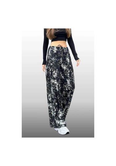 Kadın Varak Baskılı Siyah Renk Mevsimlik Beli Lastikli Geniş Paça Pantolon Siyah