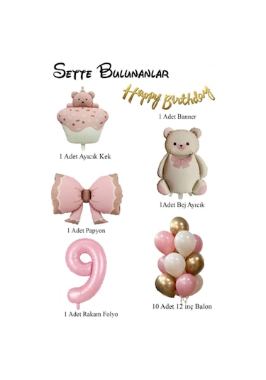 Retro 9 Yaş Ayıcık Temalı Kız Bebek Konsept Doğum Günü Seti Pembe