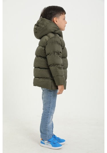 Freemen Erkek Çocuk Haki Polarlı Kürklü Kapüşonlu Su Geçirmez Rüzgara Dayanıklı Şişme Kışlık Mont Haki