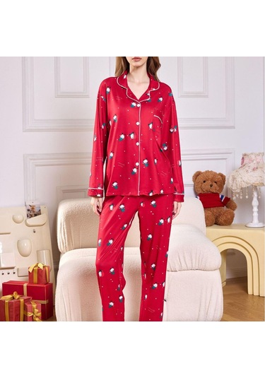 Suntek Yılbaşı Pijama Takımı Ev Giyimi Yumuşak Gecelik Kırmızı