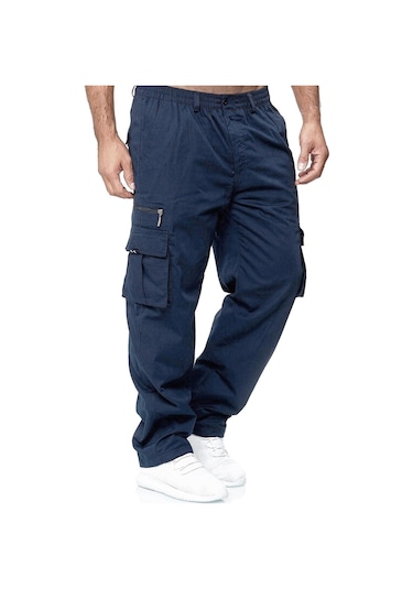 Erkek İlkbahar Ve Sonbahar Düz Paça Düz Renk Kargo Pantolon Günlük Çok Cepli Uzun Pantolon Bol Kesim Açık Hava Fitness Pantolonu Lacivert