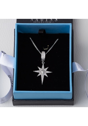 Kuzey Kutup Yıldızı Model Zirkon Taşlı 925 Ayar Gümüş Kadın Kolye-1 Gümüş - Rodyum