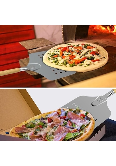 Çıkarılabilir Ahşap Sap Sızıntı Deliği Paslanmaz Çelik Pizza Spatulası Gümüş - Siyah Gümüş - Siyah