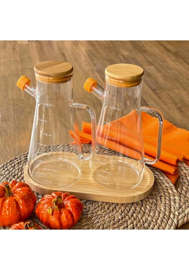 Yağdanlık Cam Şişe 900 Ml Bambu Vakumlu Kapak Ahşap Stantlı İkili