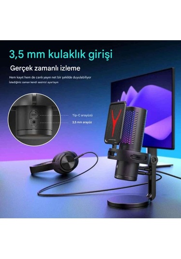 Gm7 Profesyonel Rgb Semi Pro Tak Çalıştır Usb Kablolu Vlog Canlı Yayın Stüdyo Mikrofon