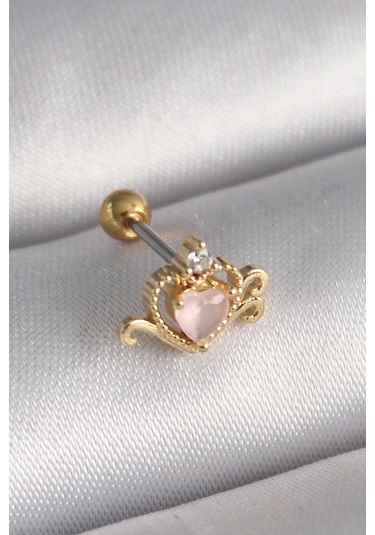 316l Çelik Gold Renk Pembe Mineli Kalp Zirkon Taş Detay Tragus Piercing Çok Renkli