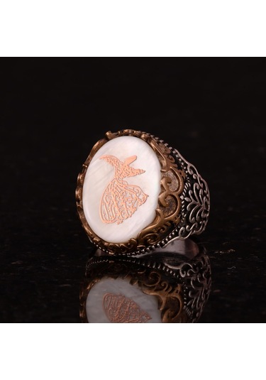 Doğal İnci Taşlı Yüzük, Mevlevi İslami Gümüş Yüzük, 925 Ayar Gümüş Erkek Yüzük Gümüş