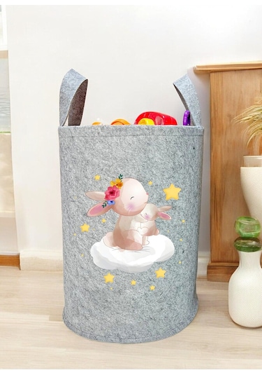 Unisex Tavşan Desenli Bebek Çocuk Odası Düzenleyici Saklama Kutusu Oyuncak Kirli Sepeti 50x40 Cm Gri