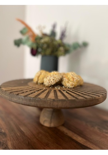 Doğal Ahşap Sunumluk Standı , Ahşap Kek Standı , Ayaklı Doğal Ahşap Sunumluk Siyah Ceviz