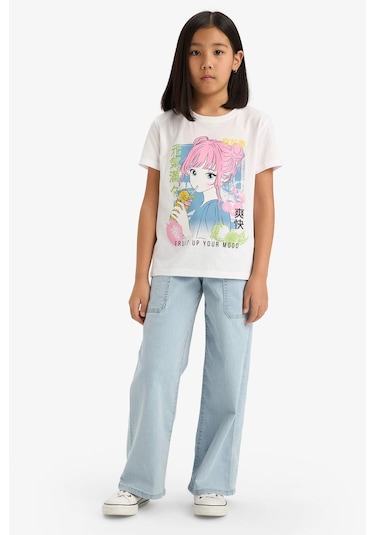 Defacto Kız Çocuk Bisiklet Yaka Anime Baskılı Kısa Kollu Tişört E0350a825smwt34 Beyaz