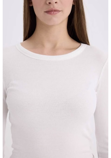 Defacto Slim Fit Basic Fitilli Kaşkorse Ekru Kadın Uzun Kollu T-shirt E5767ax/er105 Ekru