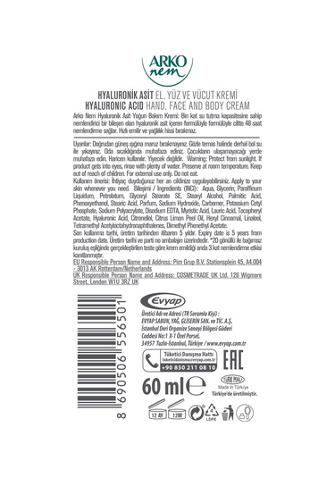 Arko Nem Yoğun Bakım Kremi Hyaluronik Asit 250+60 Ml