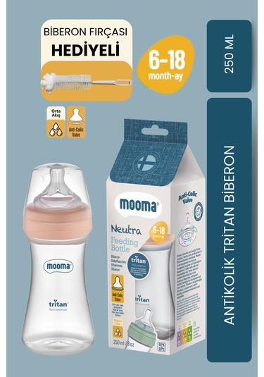 Mooma Neutra Antikolik Tritan Biberon 250 Ml 6-18 Ay Orta Akış Mercan Pembe