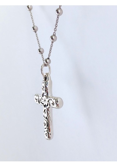 Top Zincirli Bombe İşlemeli Haç Tasarım Gümüş Erkek Kolye