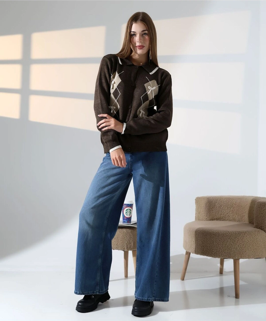 Baklava Desen Polo Yaka Kadın Kazak Kahverengi