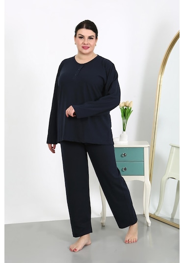 Akbeniz Kadın Büyük Beden Uzun Kol Penye Pijama Takımı Lacivert 202501 Lacivert