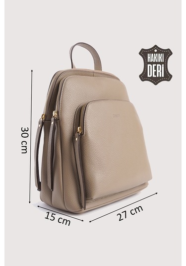 Hakiki Deri Kadın Sırt Çantası Vizon Smr9209 Vizon