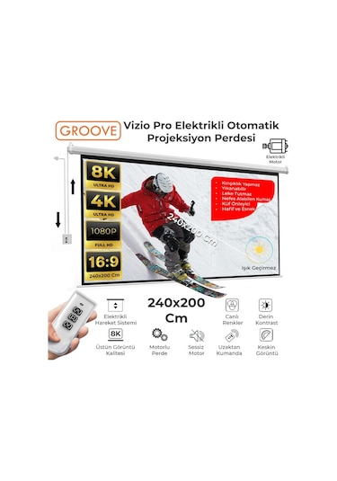 Groove Vizio Pro 240x200cm Blackout Işık Geçirmez Elektrikli Otomatik Kumandalı Projeksiyon Perdesi +motorlu+canlı Renkler+göz Koruması+leke Tutmaz Projector