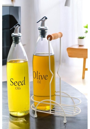 Digithome Aura 2'li Krem Metal Standlı Ahşap Saplı Yağdanlık Seti Şeffaf Etiketli Cam Yağlık 1000 Ml Cys-20 Krem