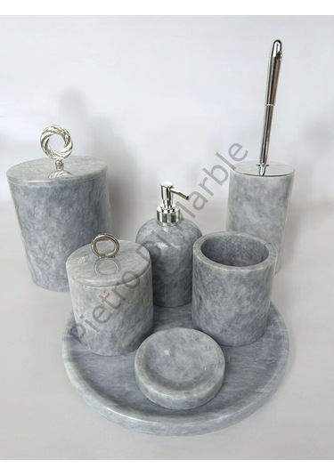 Gri Mermer Klasik Model 7 Parça Gümüş Renk Halka Aksesuarlı Banyo Seti Gri