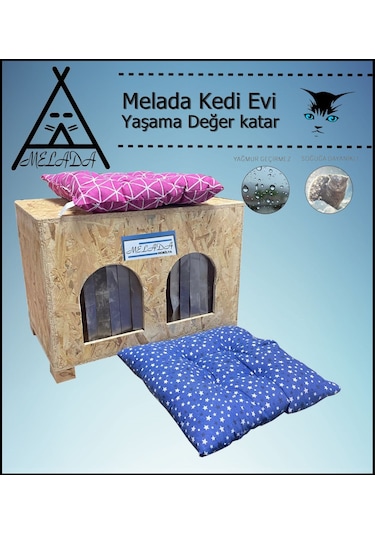 Melada Kedi Evi Dış Ortam Uygun Ahşap Kedi Evi Double Osb Minderli 61x41x36 Cm