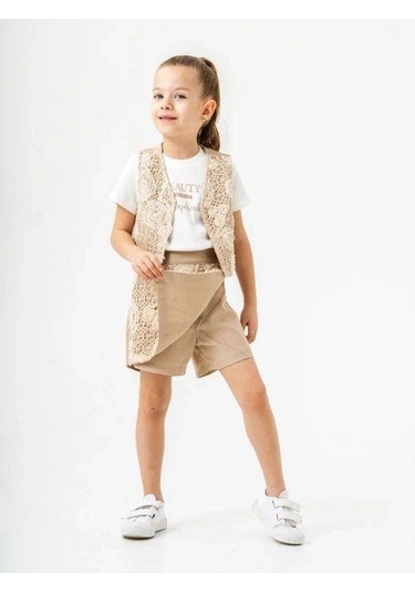 Kız Çocuk Keten Üçlü Şort Etekli Yelekli Takım-15888 Bej