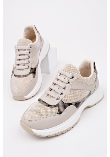 Muggo Melody Kadın Kalın Taban Günlük Leopar Desenli Bağcıklı Sneaker Spor Ayakkabı Ten