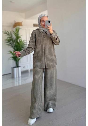 Bol Paça Çizgili Takım - Haki Haki