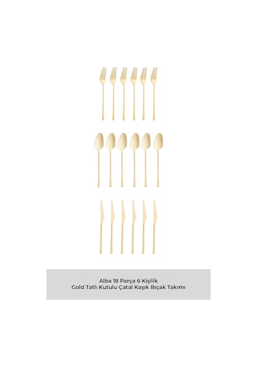 Emsan Alba 18 Parça 6 Kişilik Parlak Gold Tatlı Kutulu Çatal Kaşık Bıçak Takımı Gold