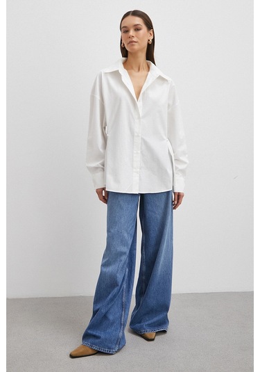 Düğme Detaylı Pamuklu Gömlek Beyaz Beyaz